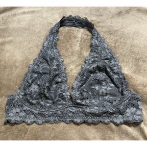 Intimately Free People Women's Size S Gray WirelessFloral Lace Halter Bralette